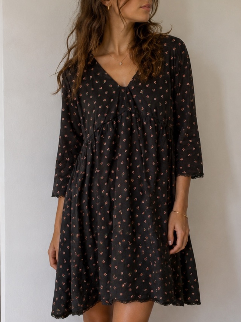 Thierry Colson Black Floral Cotton Babydoll Dress Large Cottage Prairie Indie
